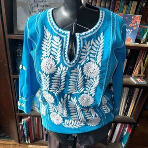 Sister Mary blue embroidered boho split neck XS peasant blouse